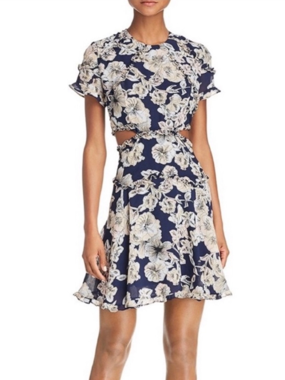 Bardot Navy Floral Mini Dress with Blush and White Flowers XS
